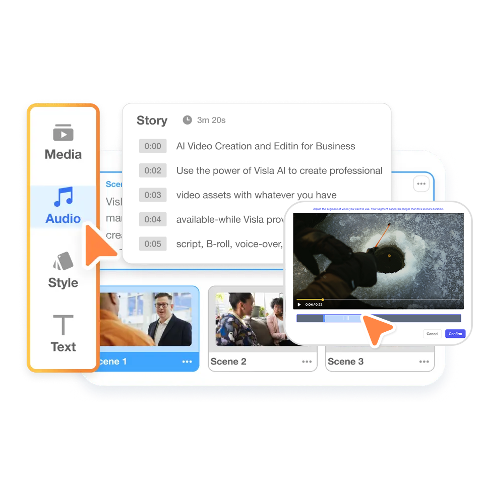 Edit scenes in your multilingual instructional video using Visla’s Scene-Based Editing tools.
